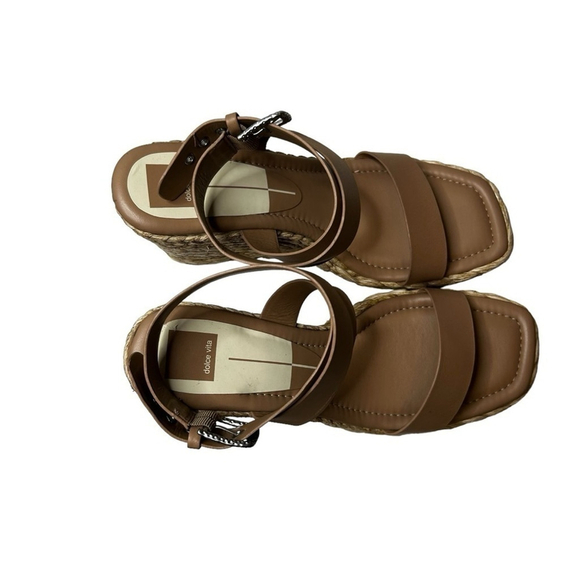 Dolce Vita Aldona Wedges Cafe Leather Tan Raffia Sandal Women’s Size 12 - Picture 11 of 14